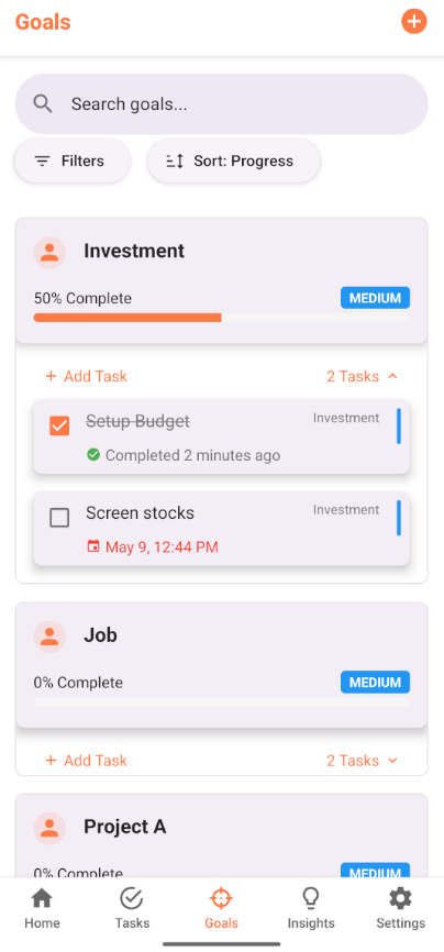 YaToDo Goals screen with progress bars and grouped tasks