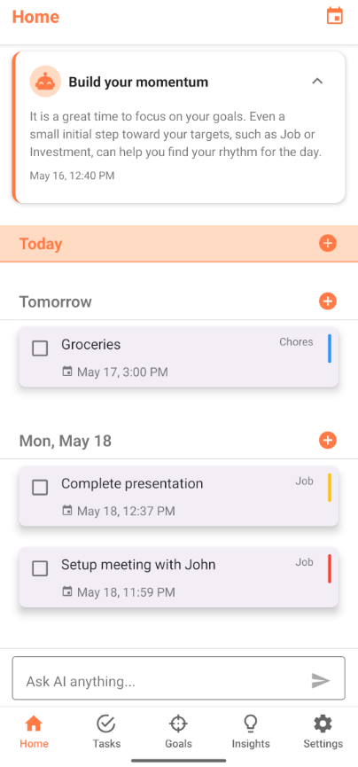 YaToDo Home screen with AI nudge and task timeline